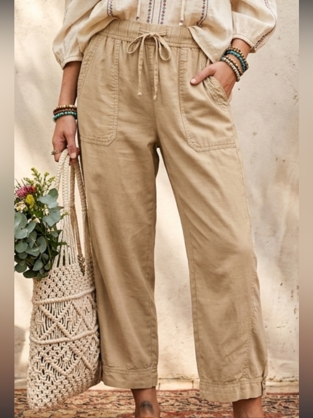 Splendid Khaki Utility Pants Large Cropped wide Leg Lyocell Boho